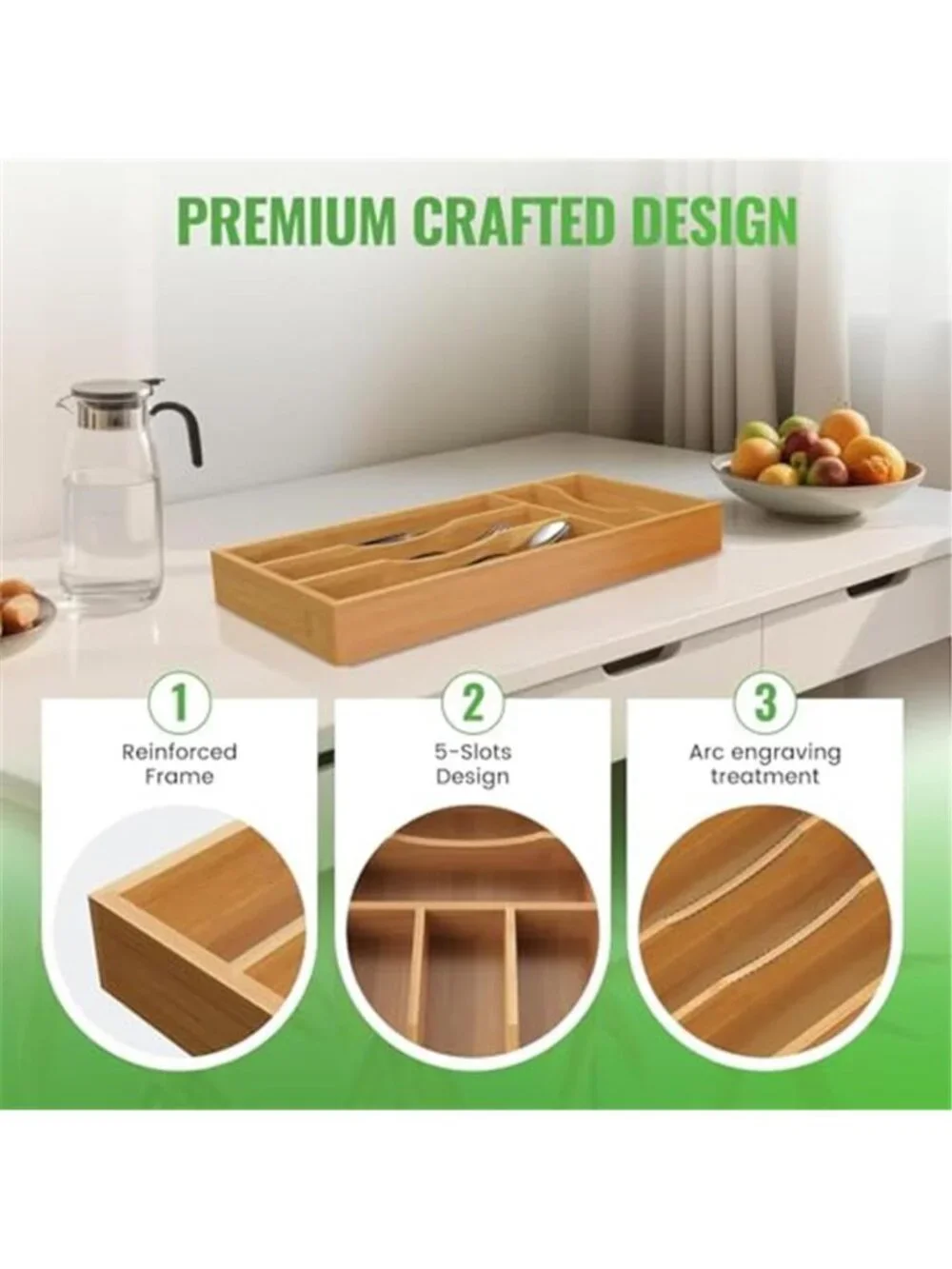 Bamboo Silverware Drawer Organizer 5 Slot Flatware Utensil Divider Kitchen